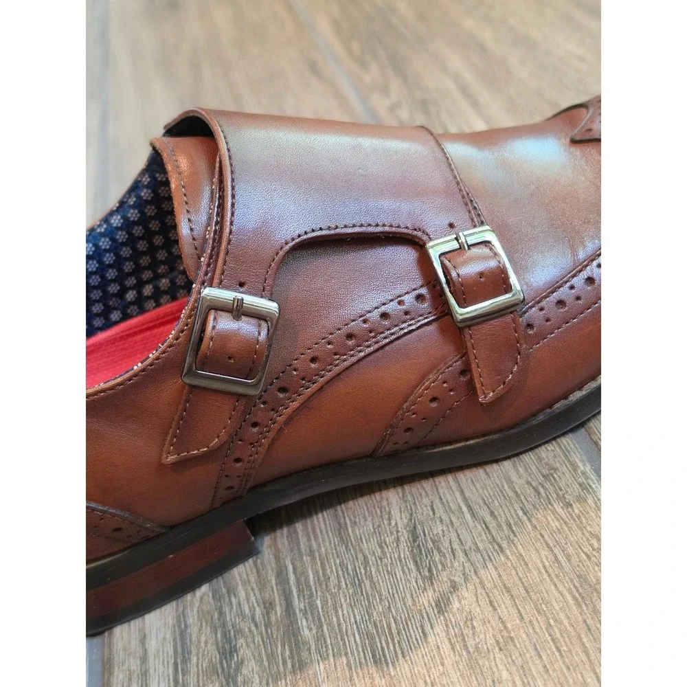 Stacy Adams Karson Mens Cognac Brown Leather Double Monk Strap Wingtip Shoes 10M
